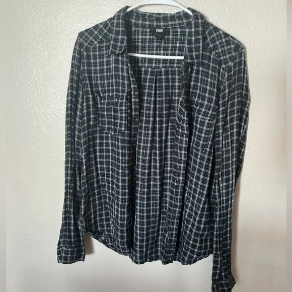 PAIGE Mya Metallic Plaid Button-Up Shirt in Dark Slate / Blue Stone Women’s M - Picture 3 of 6